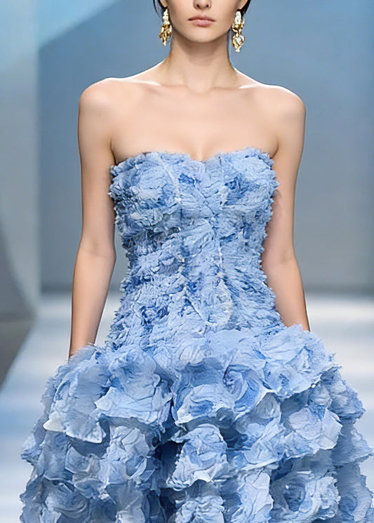 Classy Blue Cold Shoulder Floral Tulle Mid Dress Summer