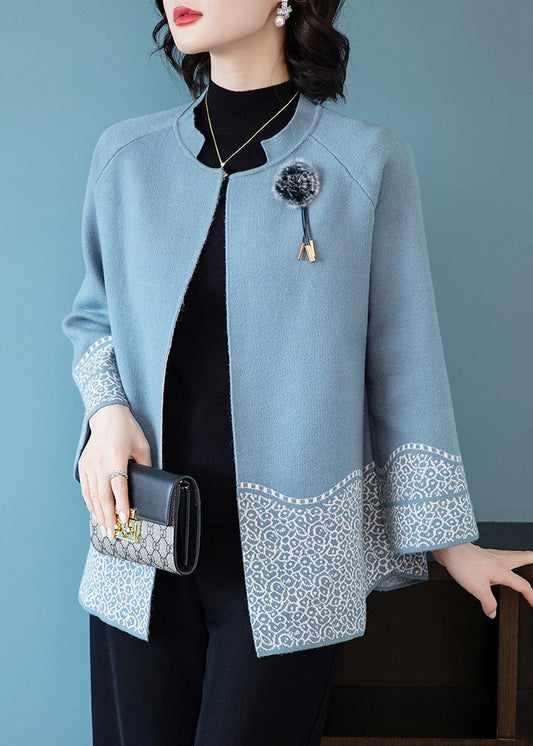 Classy Blue O-Neck Patchwork Knit Coats Spring
