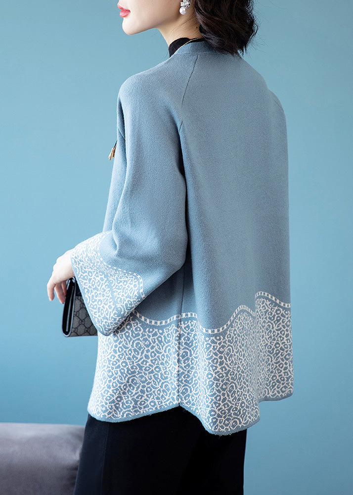 Classy Blue O-Neck Patchwork Knit Coats Spring