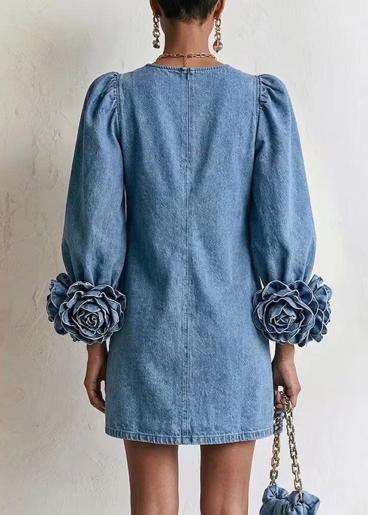 Classy Blue O-Neck Stereoscopic Floral Denim Mini Dress Puff Sleeve