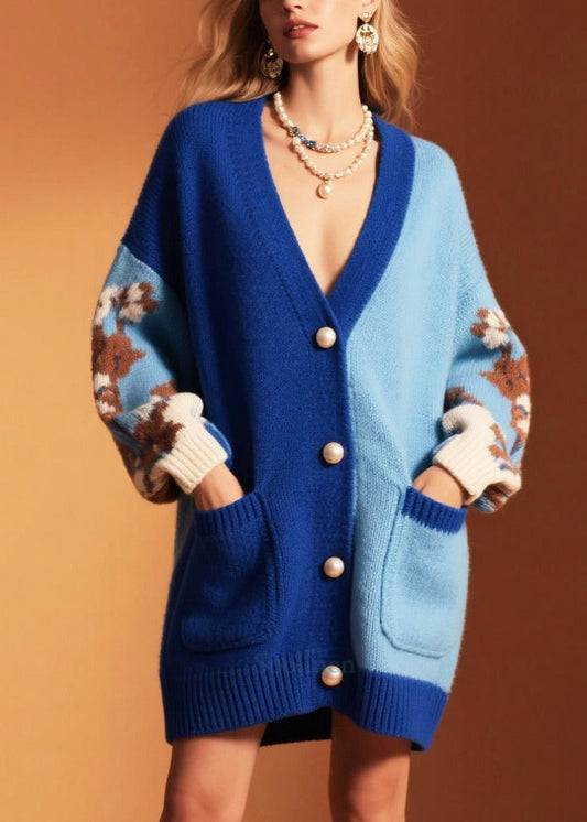 Classy Blue Oversized Patchwork Knit Loose Coat Winter