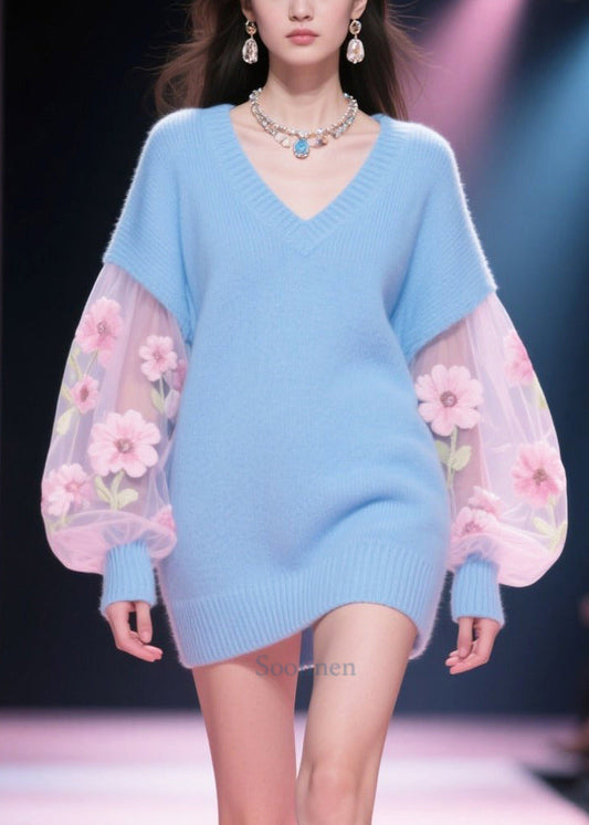 Classy Blue Oversized Patchwork Tulle Long Sweater Winter