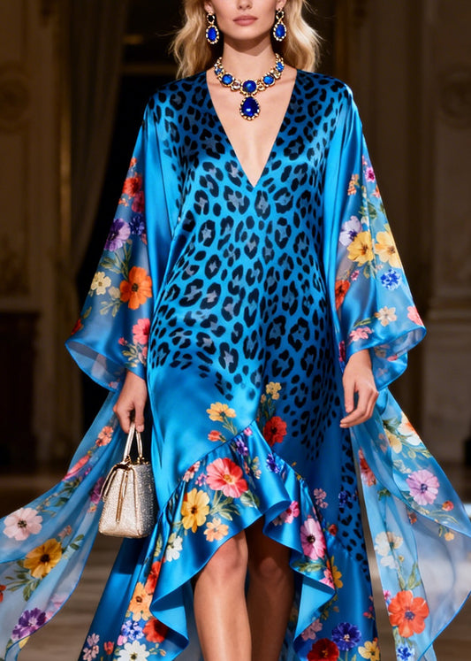 Classy Blue V Neck Asymmetrical Design Print Silk Long Dresses Summer