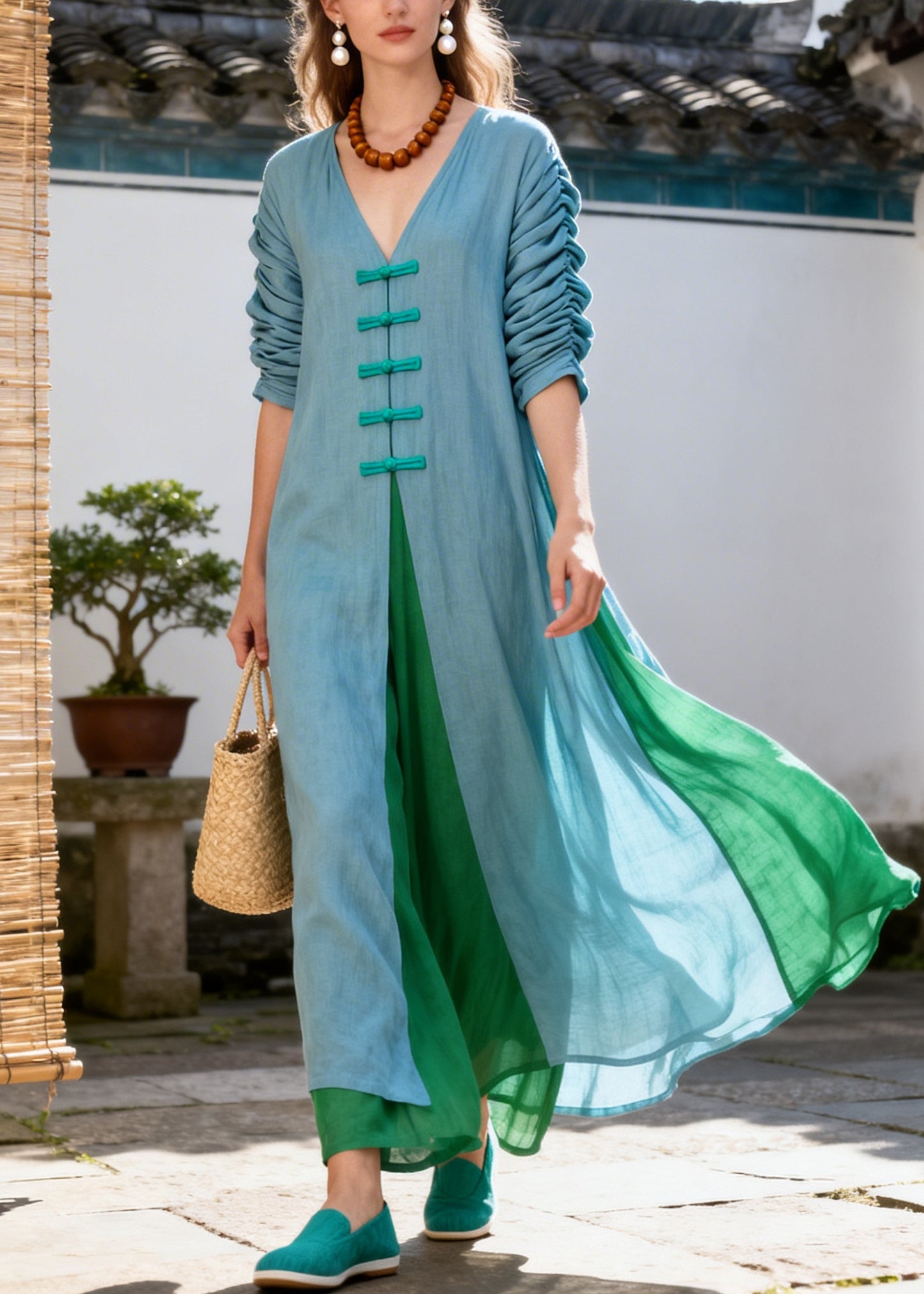 Classy Blue V Neck Patchwork Chinese Button Cotton Robe Dresses Summer