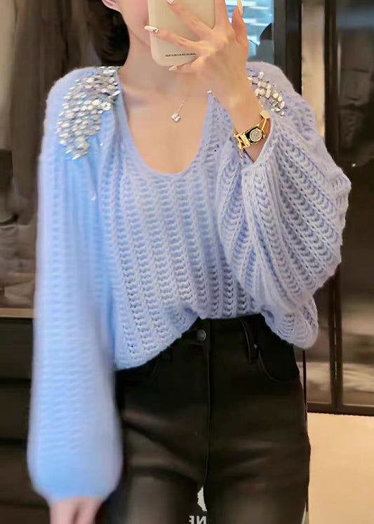 Classy Blue V Neck Sequins Knit Sweater Lantern Sleeve