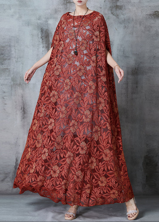 Classy Brick Red Embroidered Tulle Maxi Dresses Summer