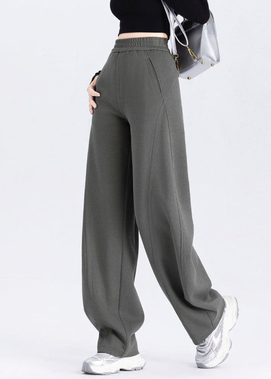 Classy Brown Elastic Waist Cotton Straight Pants Spring