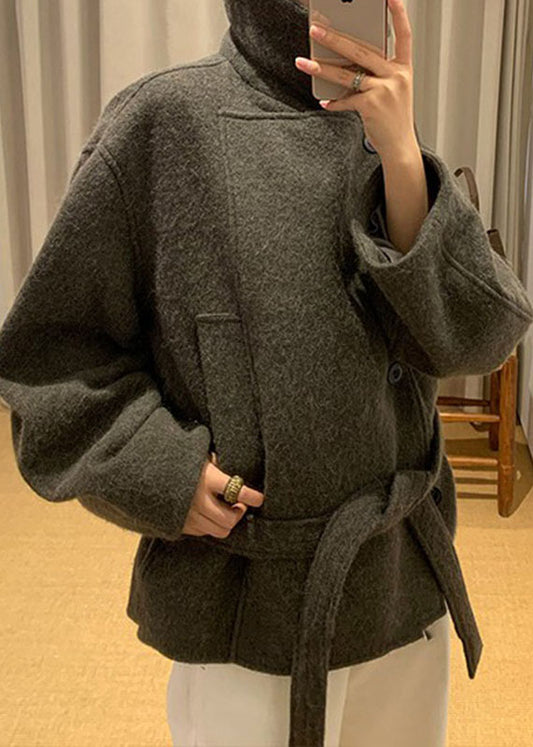 Classy Brown Stand Collar Pockets Woolen Coats Long Sleeve