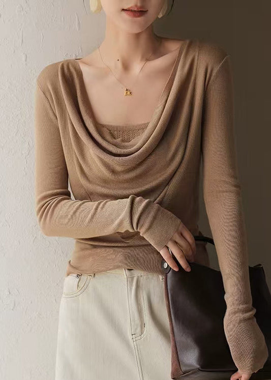 Classy Brown Turtle Neck Silm Fit Knit Top Spring