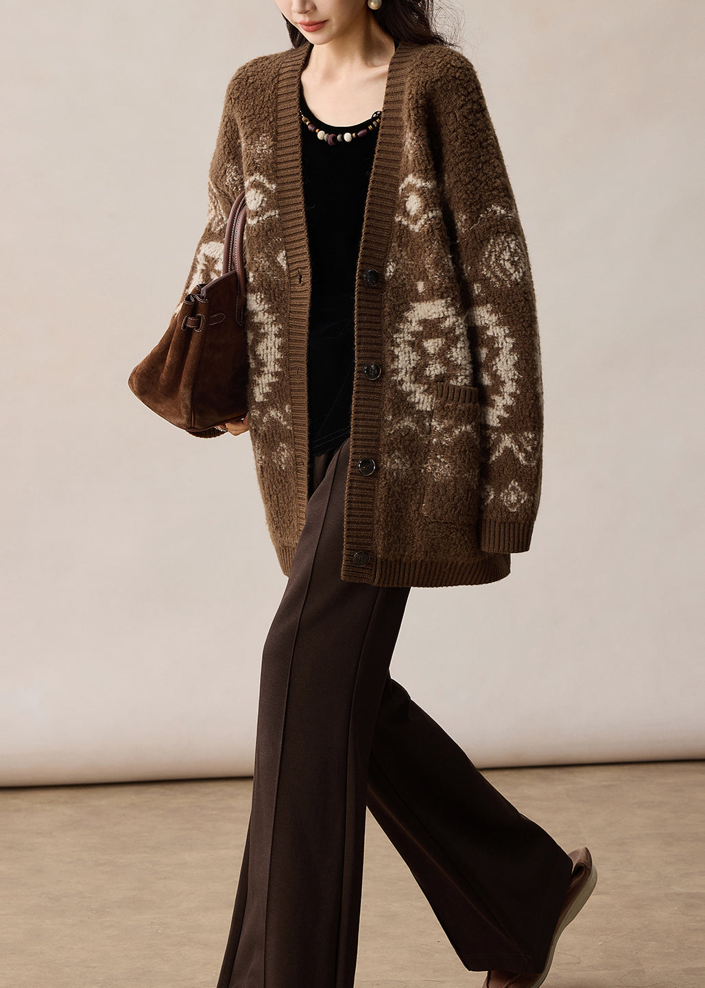 Classy Brown V Neck Jacquard Button Woolen Cardigan Winter