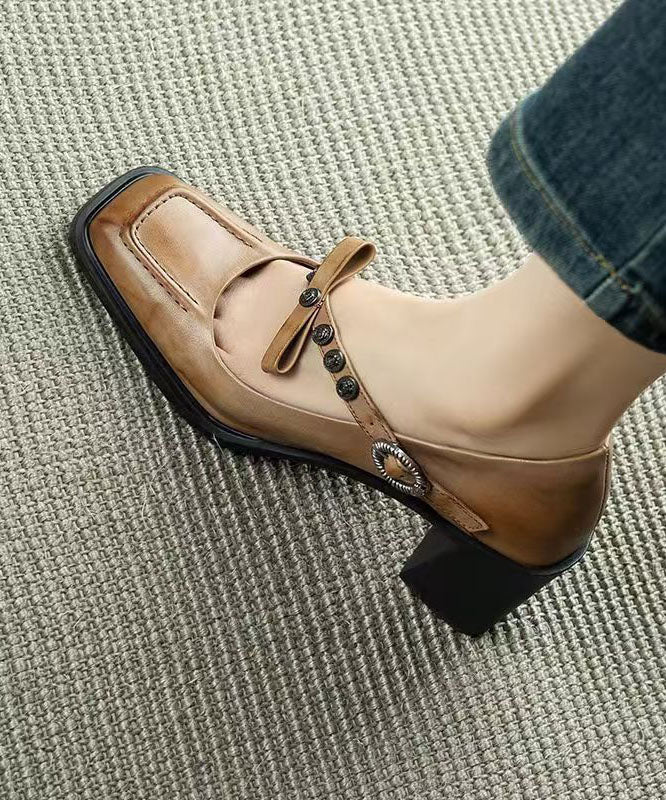 Classy Buckle Strap Splicing Chunky Heel Brown Cowhide Leather