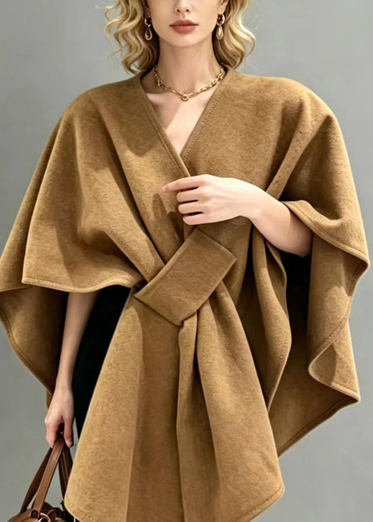 Classy Camel V Neck Cross Cape Shawl Woolen Coat Fall