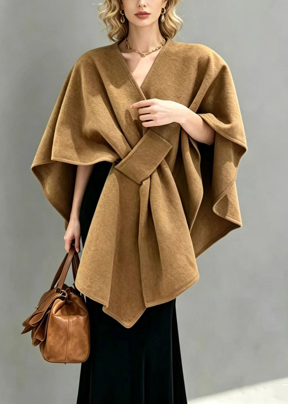 Classy Camel V Neck Cross Cape Shawl Woolen Coat Fall