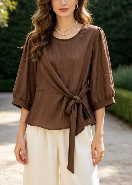 Classy Chocolate Tie Waist Cotton Two Pieces Set Summer