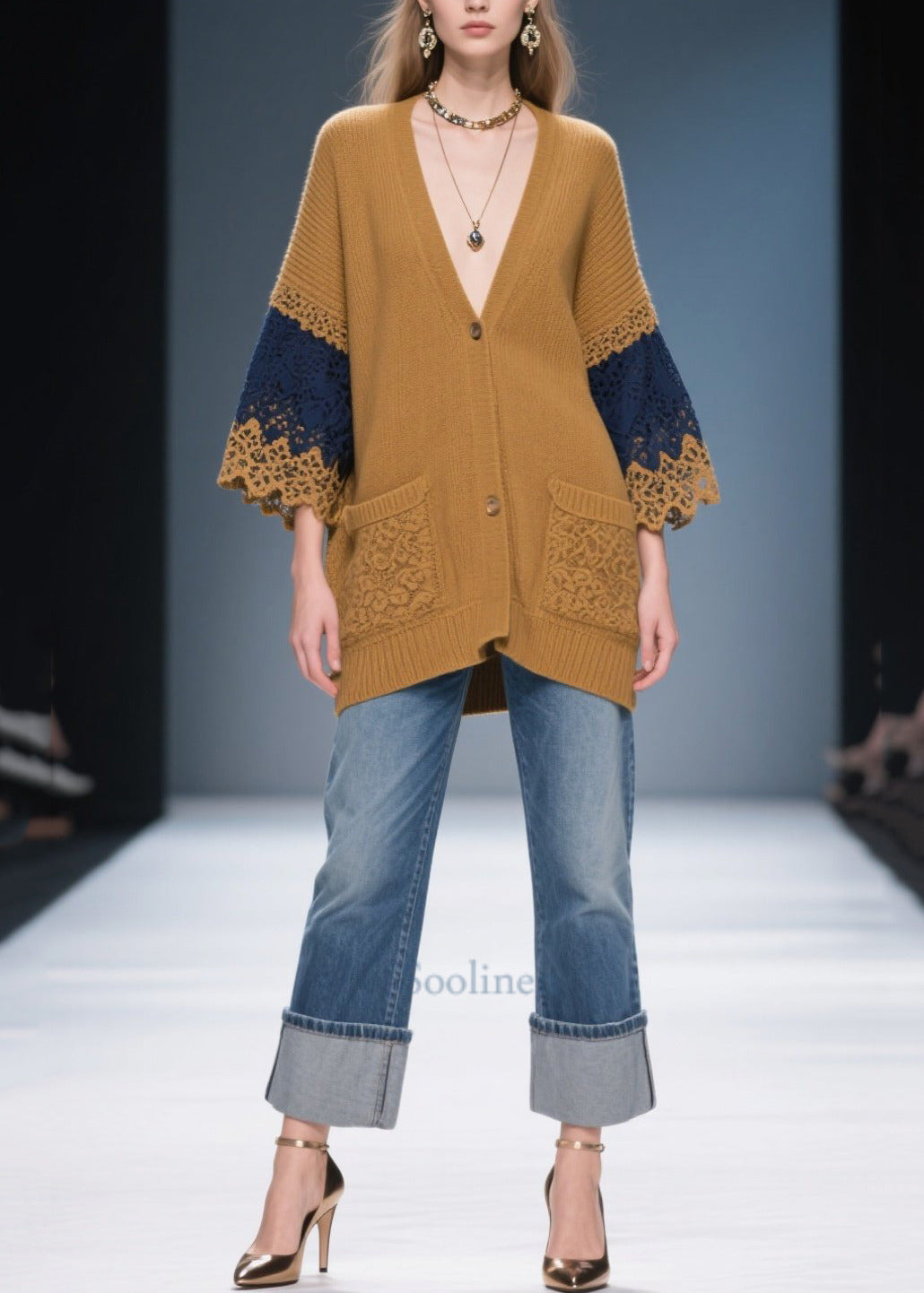 Classy Coffee Oversized Patchwork Lace Knit Coats Fall