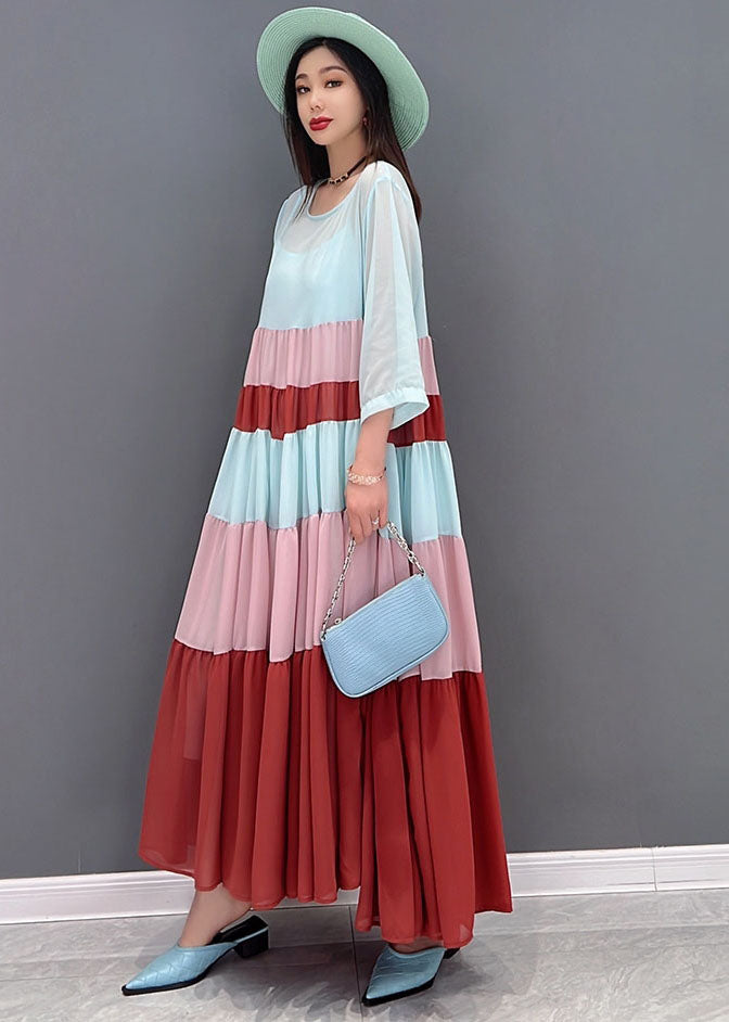 Classy Colorblock O-Neck Patchwork Layered Chiffon Pleated Long Dress Bracelet Sleeve