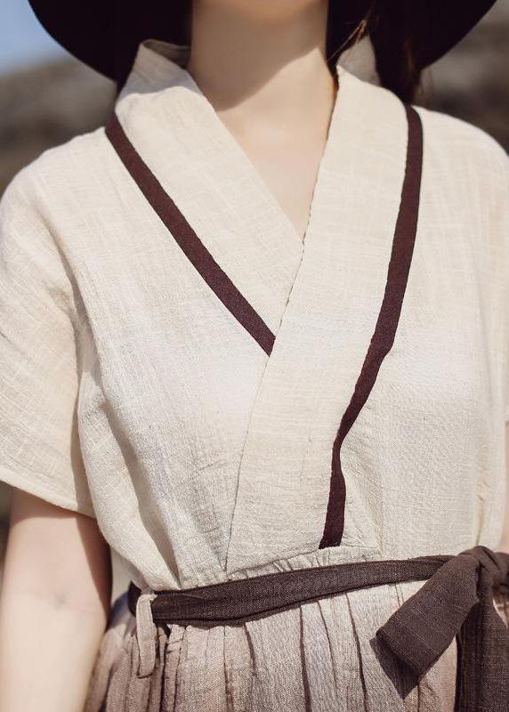 Classy Cotton clothes Women Women Drawstring V-Neck Solid Vintage A-Line Dress - SooLinen