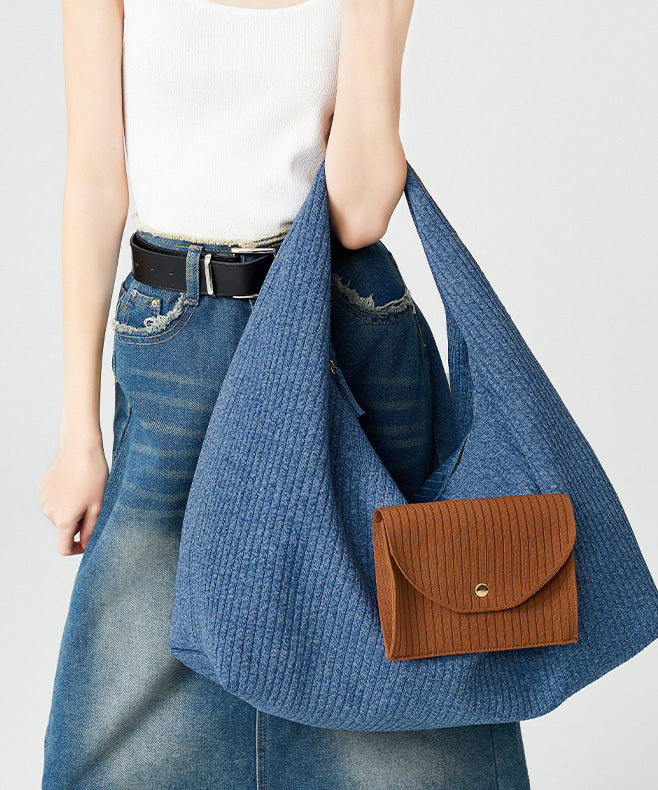 Classy Denim Blue Large Capacity Patchwork Pocket Cotton Shoulder Bags