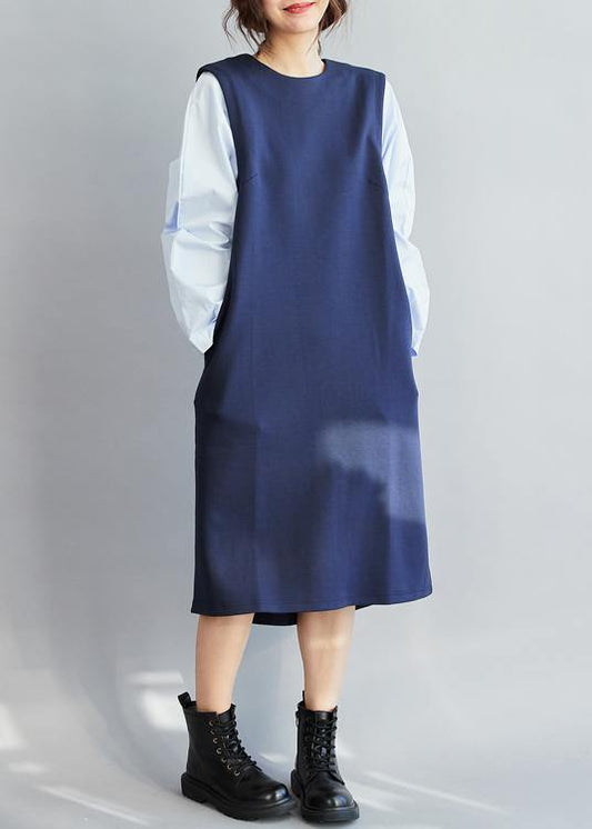 Classy False Two Pieces cotton Spring Dress For Women Design Blue Dresses - SooLinen