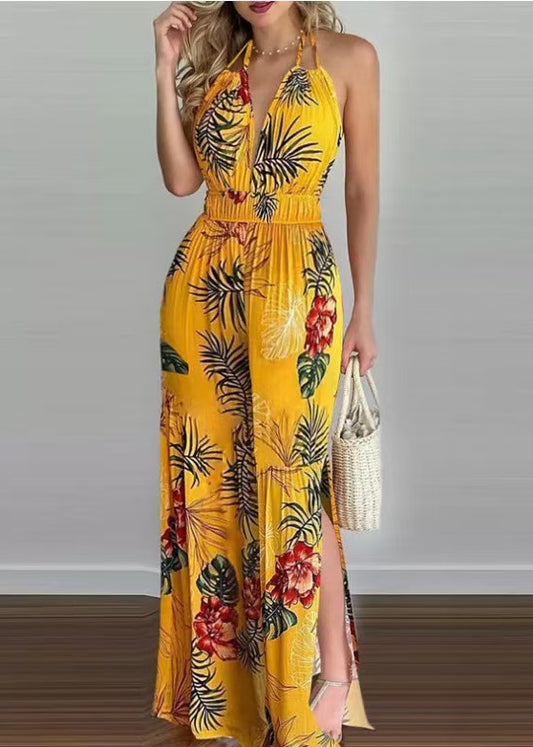 Classy Green Elastic Waist Backless Print Chiffon Halter Jumpsuits Summer