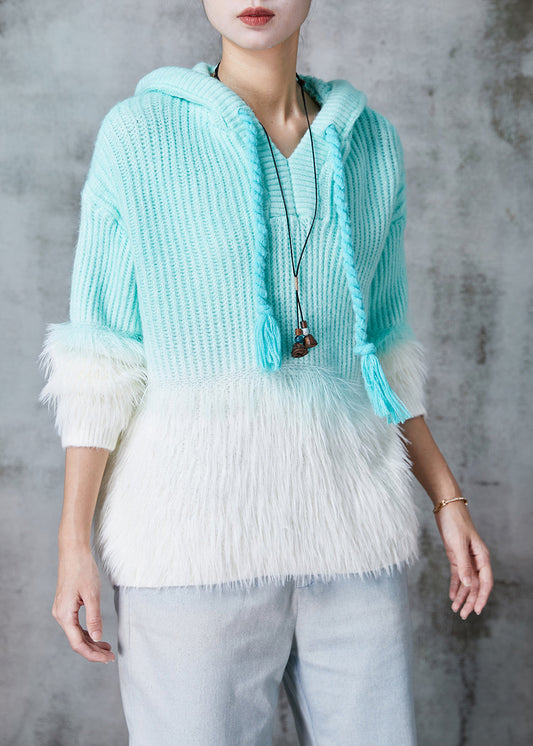 Classy Green Hooded Patchwork Mink Hair Knitted Sweatshirts Top Spring