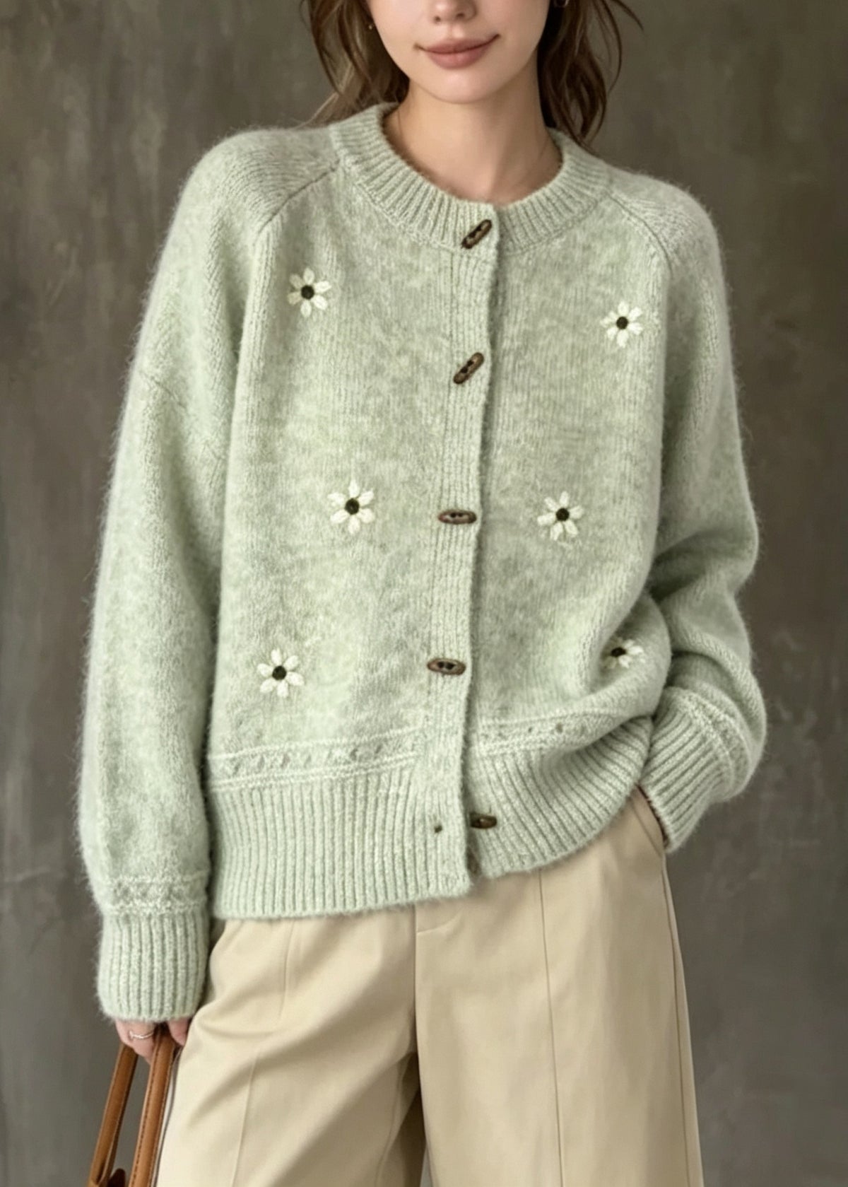 Classy Green O Neck Embroidered Knit Cardigans Fall