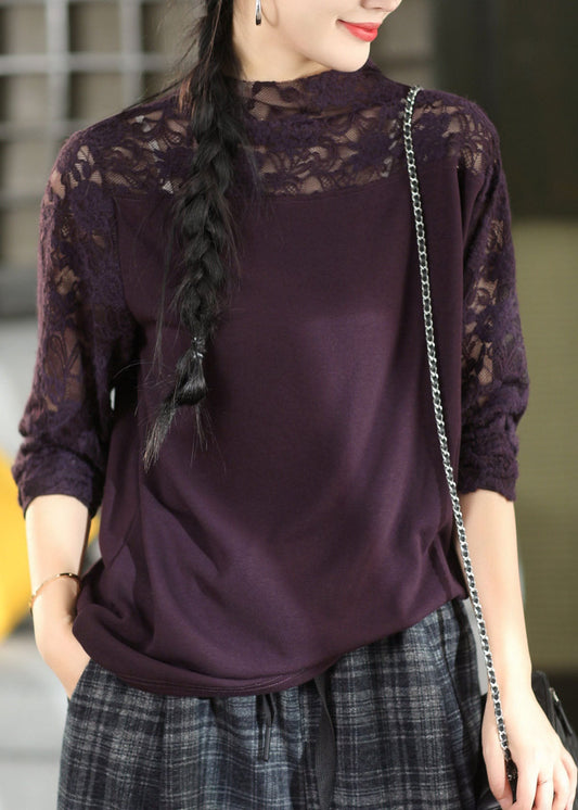 Classy Green O-Neck Lace Patchwork Tops Long Sleeve