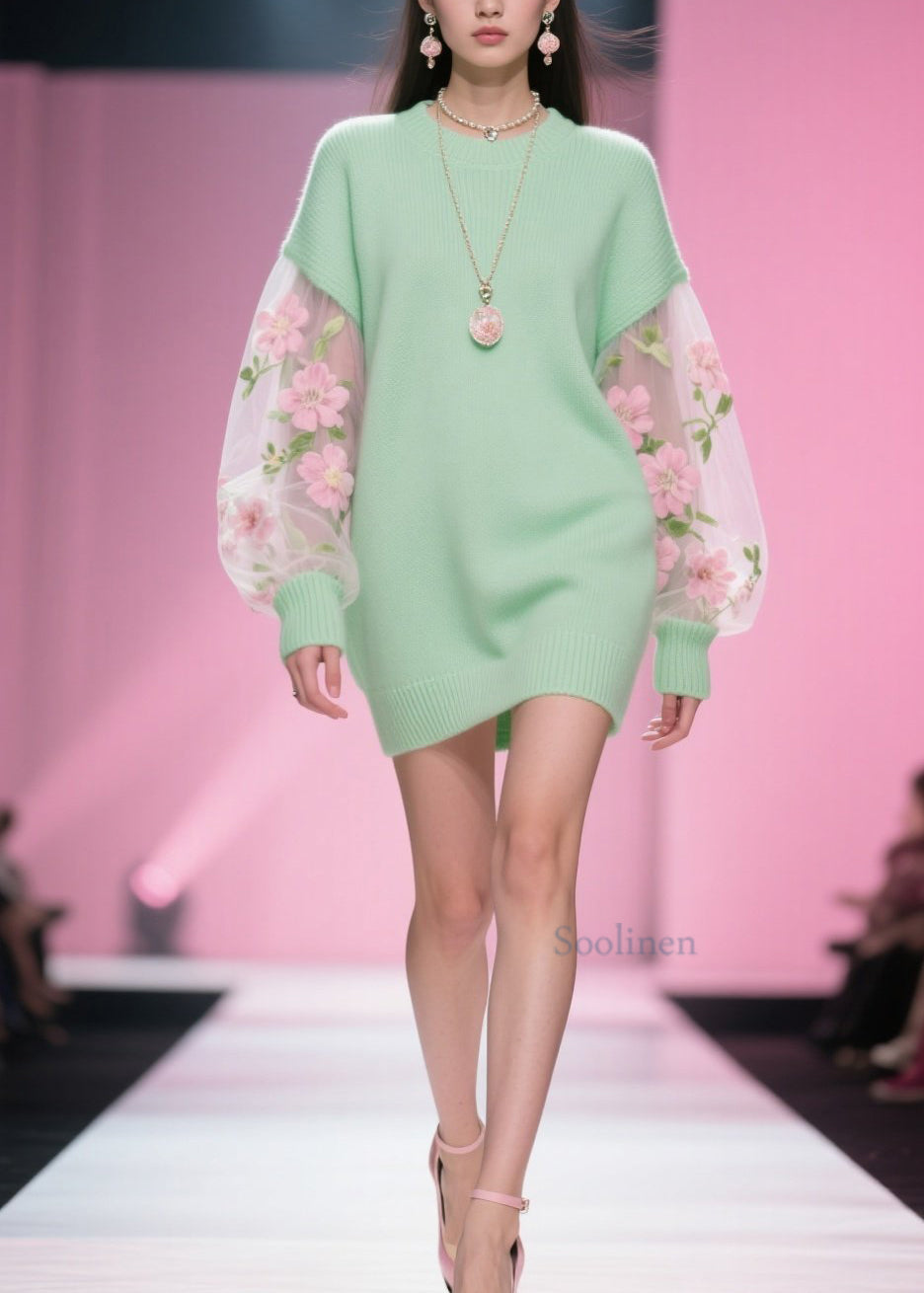 Classy Green O Neck Tulle Patchwork Knitwear Dress Fall