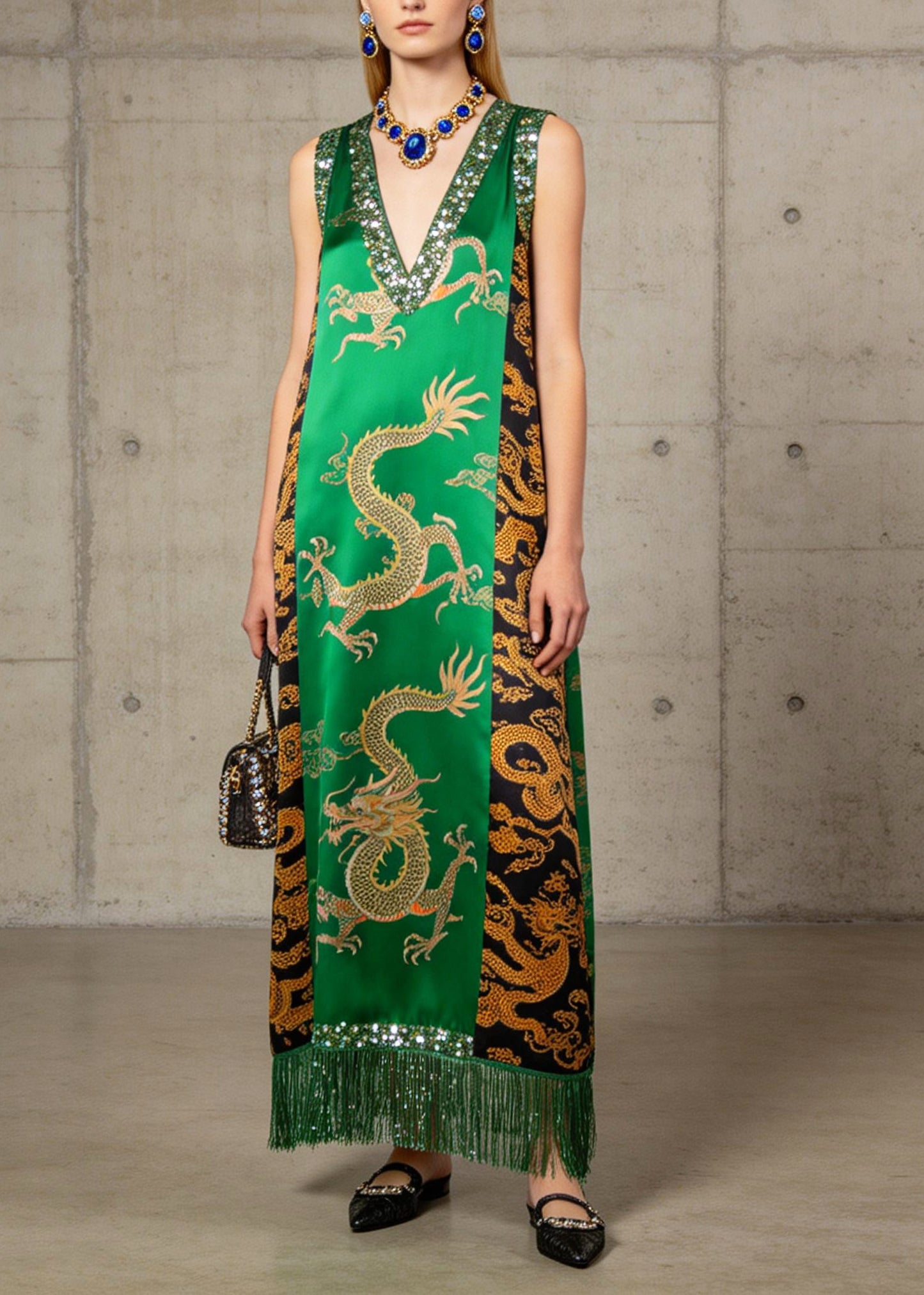 Classy Green Sequins Fringe Trim Print Silk Maxi Dresses Summer