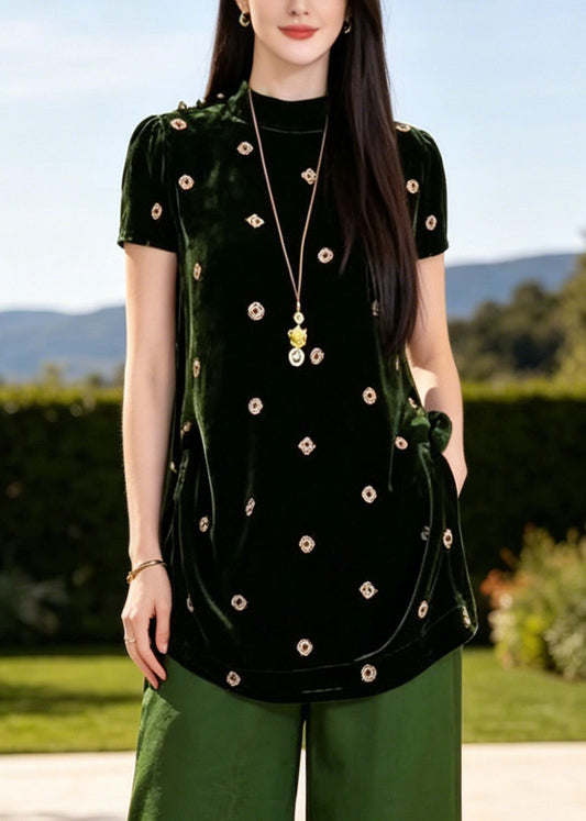 Classy Green Stand Collar Print Silk Two Piece Set Women Clothing Summer