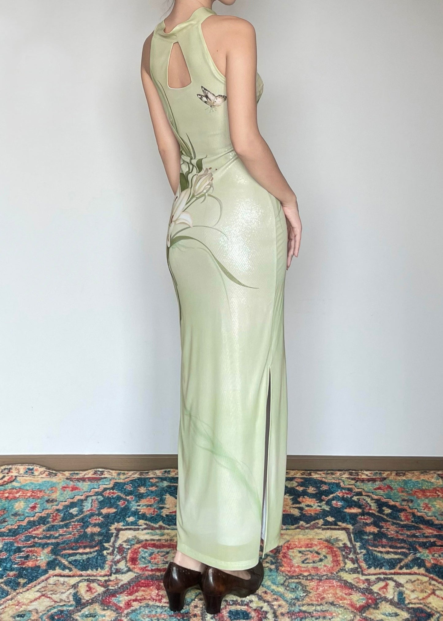 Classy Green Tie Lace Print Long Dresses Sleeveless