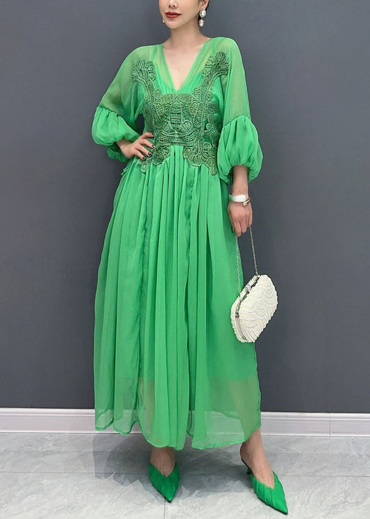Classy Green V Neck Patchwork Chiffon Maxi Dresses Fall