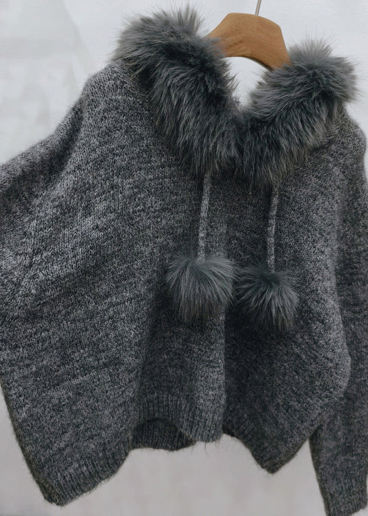 Classy Grey Fuzzy Ball Decorated Thick Hooded Cotton Knit Sweaters Winter