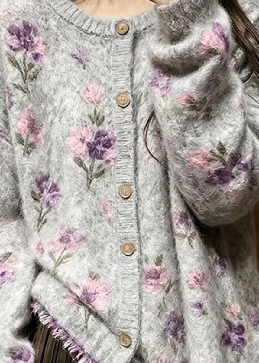 Classy Grey Stereoscopic Floral Mink Hair Knitted Cardigan Fall