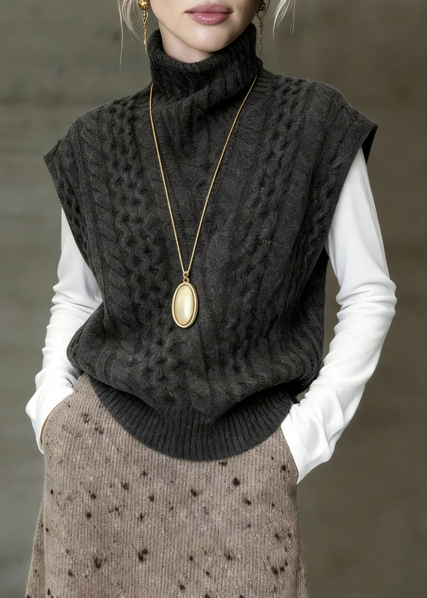Classy Grey Turtleneck Cable Knit Vest Sleeveless
