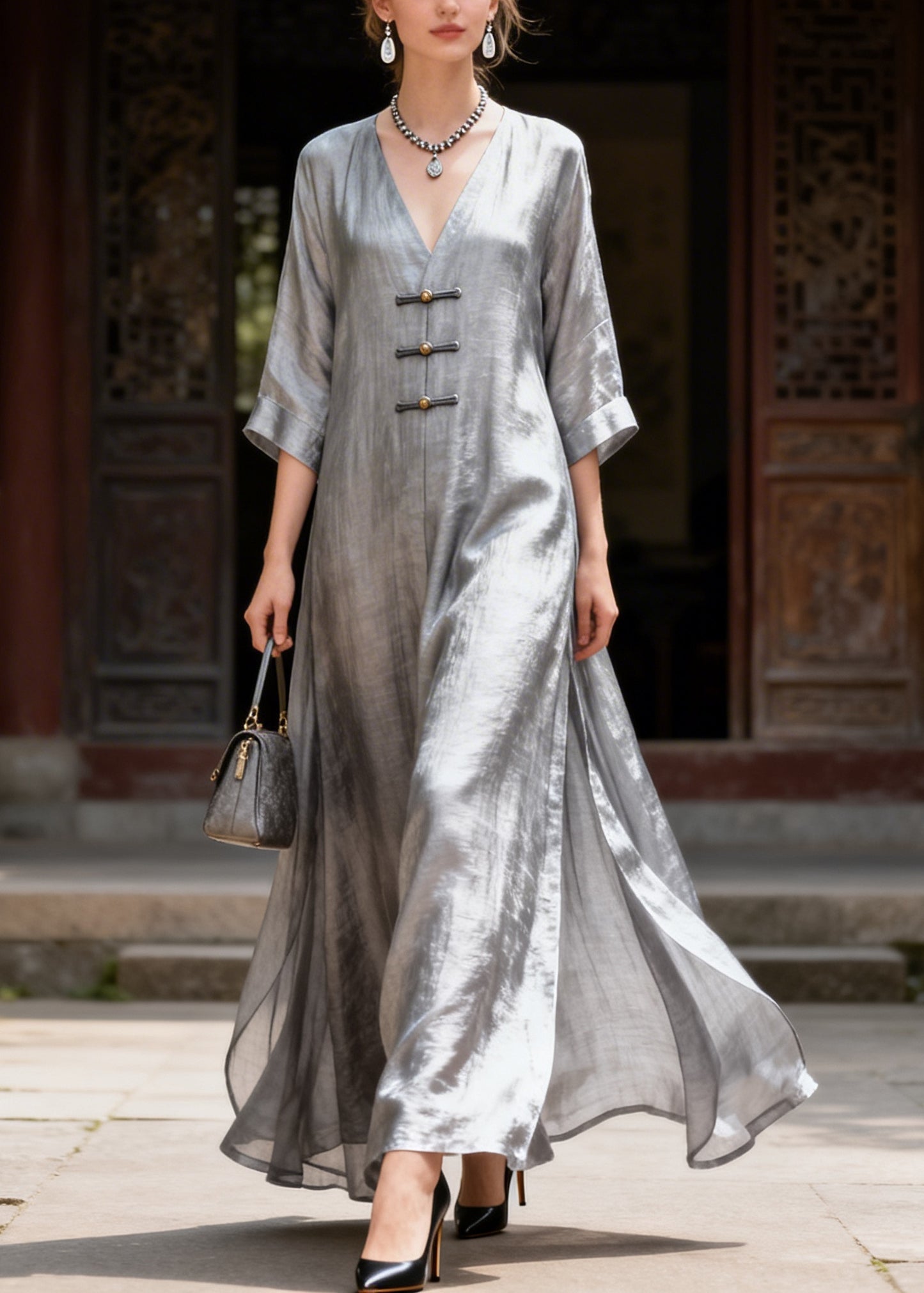 Classy Grey V Neck Chinese Button Side Open Silk Long Dress Summer
