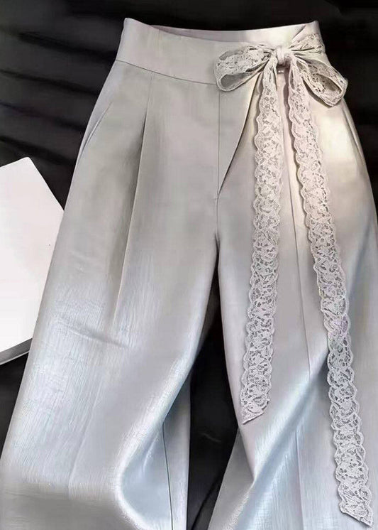 Classy Light Grey Lace Tie Waist Wide Leg Pants Summer