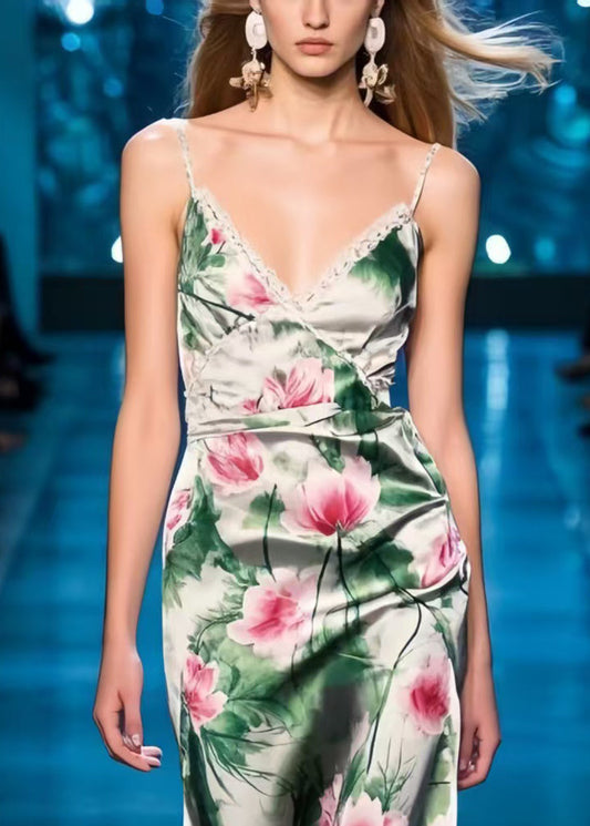 Classy Lotus Flower Print Silm Fit Spaghetti Strap Dress Summer