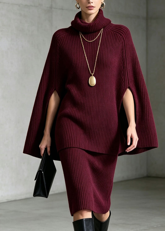 Classy Mulberry Hign Neck Knit Two Piece Set Cloak Sleeves