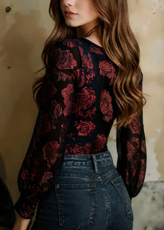 Classy Mulberry V Neck Lace Patchwork Velour Top Long Sleeve