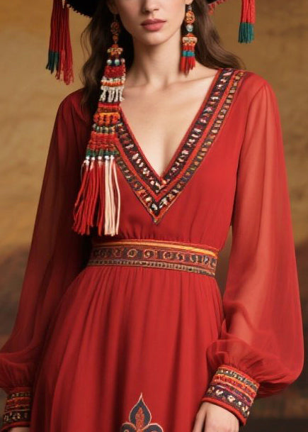 Classy Mulberry V Neck Print Chiffon Long Dress Fall