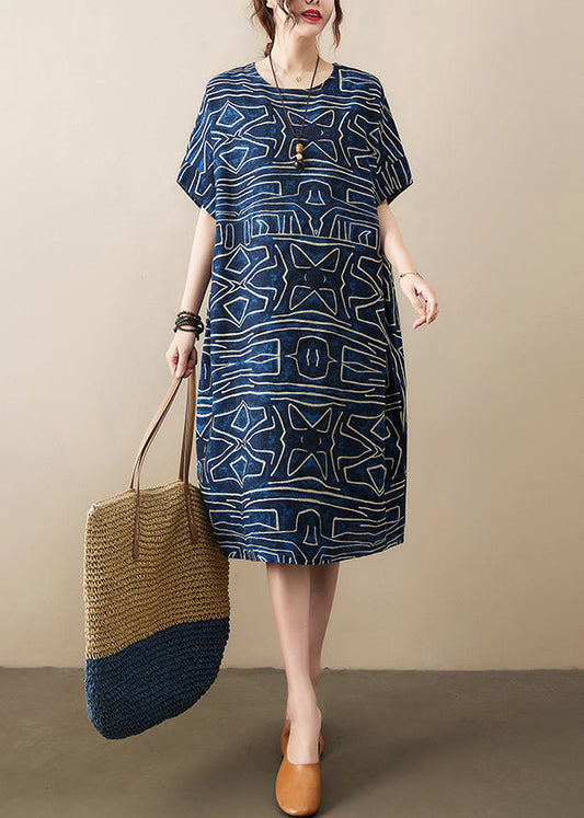 Classy Navy Oversized Print Linen Robe Dresses Summer