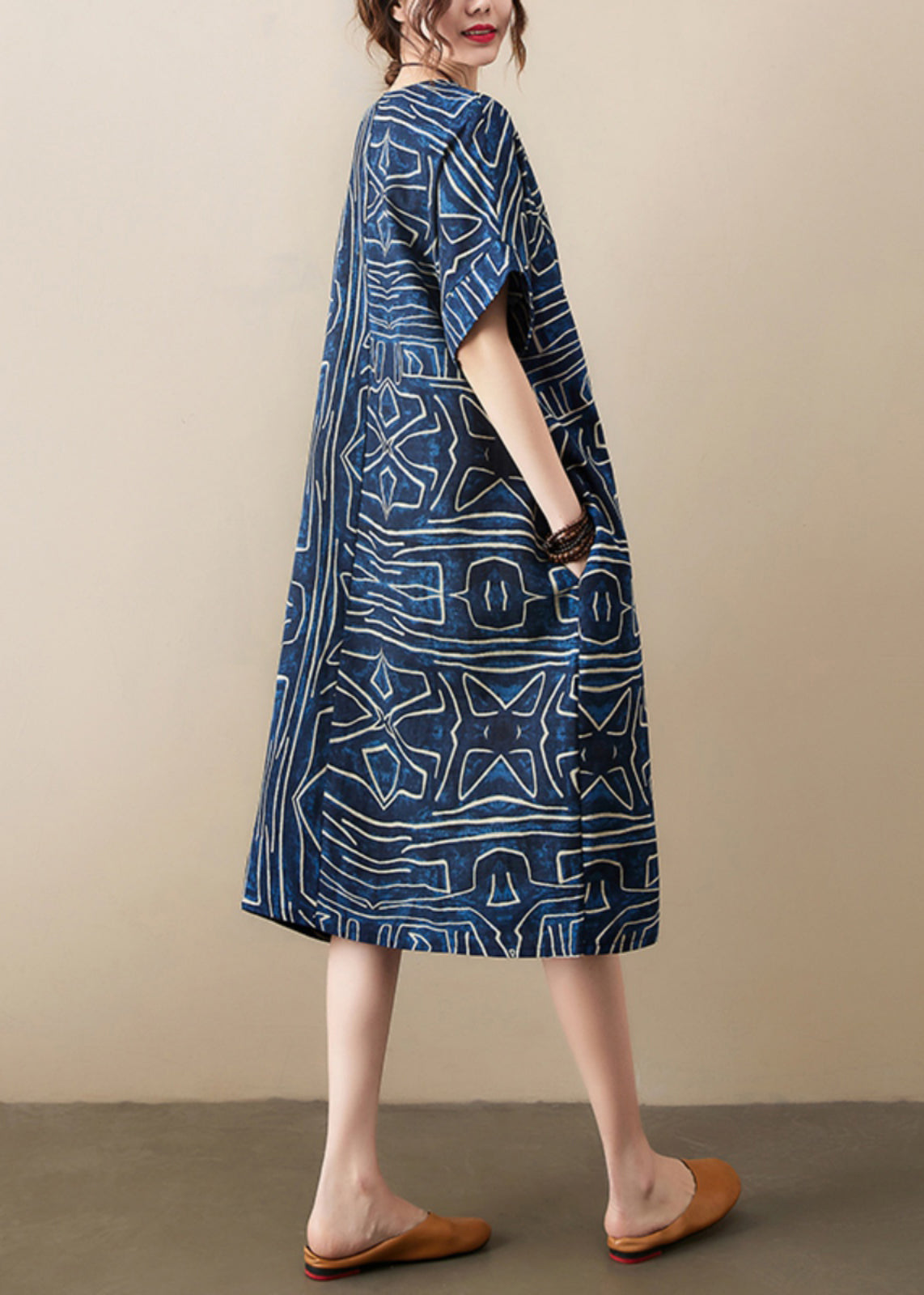 Classy Navy Oversized Print Linen Robe Dresses Summer