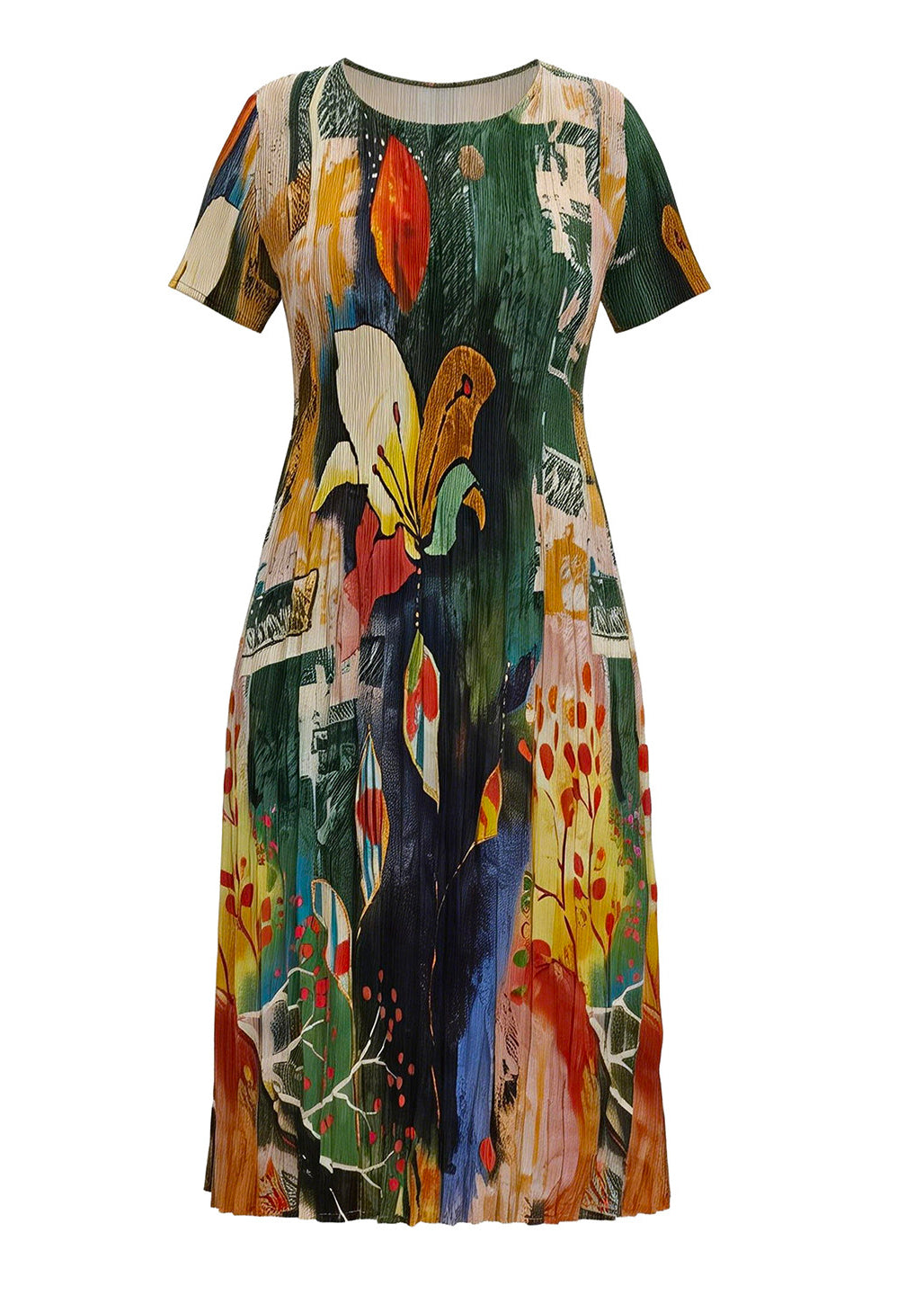 Classy O Neck Print Elasticity Wrinkled Mid Dresses Summer
