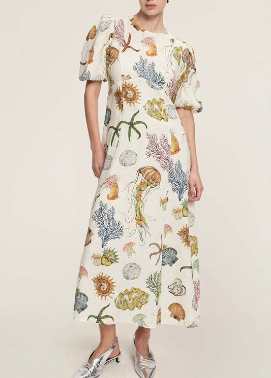 Classy O-Neck Print Tunic Long Dress Short Sleeve