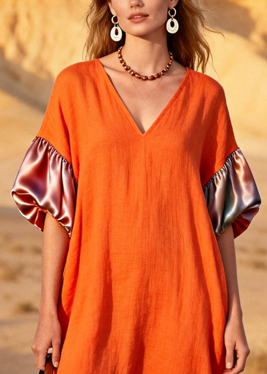Classy Orange V Neck Patchwork Linen Silk Straight Dress Summer