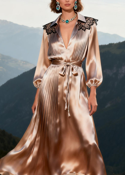 Classy Peter Pan Collar Lace Wrinkled Patchwork Silk Dress Long Sleeve