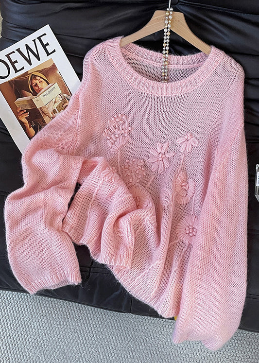 Classy Pink Embroidered Flower Knit Short Sweater Fall