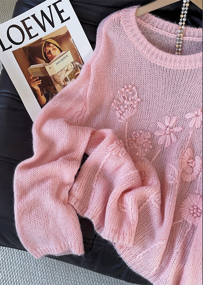 Classy Pink Embroidered Flower Knit Short Sweater Fall