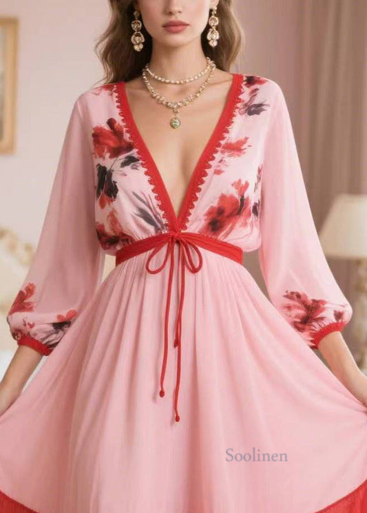 Classy Pink V Neck Patchwork Chiffon Dress Summer